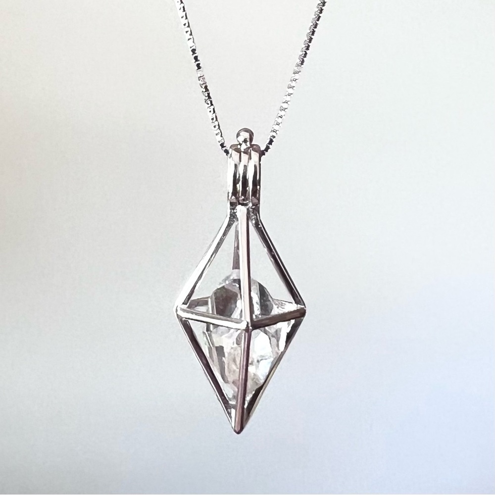 925 Sterling Silver Geometric Triangle Herkimer Diamond Quartz Crystal Necklace